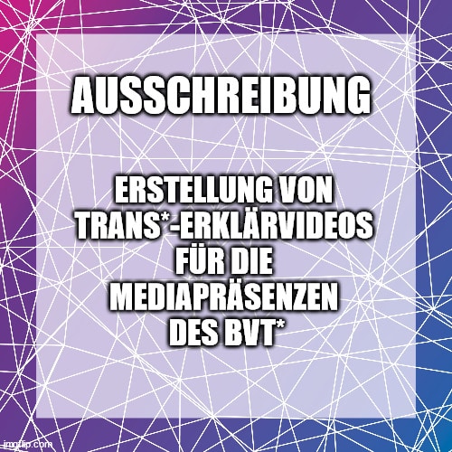 BVT Grafik. Weiße Schrift auf lila, rosa und blauem Hintergrund: Ausschreibung. Erstellung von Transerklärvideos für die Mediapräsenzen des BVT