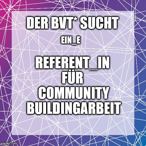 Weiße Schrift: "Der BVT* sucht ein_e Referent_in für Community Buildingarbeit" Der Hintergrund ist oben rosa und unten blau, dazwischen sind viele Rosa- und Lilatöne.