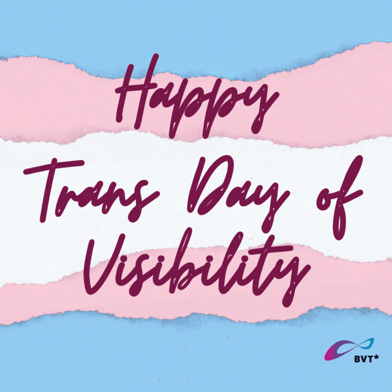 BVT Grafik. In dunklem Pink steht da "Happy Trans Day of Visibility". Der Hintergrund ist in den Farben den Transflagge: von oben nach unten blau, rosa, weiß, rosa und blau.