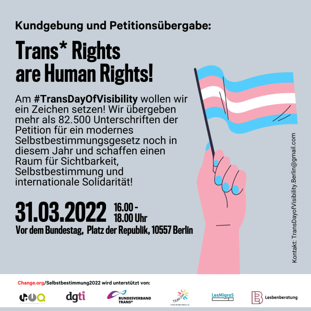 Schwarze Schrift auf grauem Hintergrund: „Kundgebung und Petitionsübergabe: Trans*rechte sind Menschenrechte! Am Trans Day of Visibility wollen wir ein Zeichen setzen! Wir übergeben mehr als 82500 Unterschriften der Petition für ein modernes Selbstbestimmungsgesetz noch in diesem Jahr und schaffen einen Raum für Sichtbarkeit, Selbstbestimmung und Solidarität! Am 31.03.2022 von 16:00 bis 18:00 Uhr vor dem Bundestag, Platz der Republik, 10557 Berlin Am unteren Rand der Grafik sind Logos von Organisationen, die die Petition und die Demonstration unterstützen: TransInterQueer, dgti, Bundesverband Trans, Transkindernetzwerk, Les Migras, Lesbenberatung Berlin