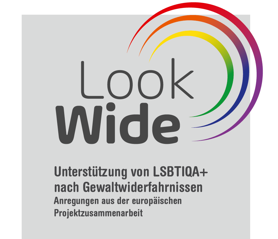 Cover der Broschüre Look Wide: Unterstützung von LSBTIQA+ nach Gewaltwiderfahrnissen. Anregungen aus der europäischen Projektzusammenarbeit