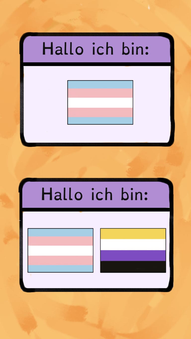 Es sind zwei Schildchen zu sehen. Auf dem oberen steht: Hallo ich bin trans*. Auf dem unteren steht: Hallo, ich bin nicht-binär.