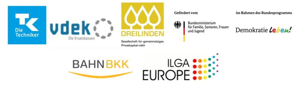 Reihe von Logos der Förderungen (von links nach rechts): Die Techniker Krankenkassen, VDEK, Dreilinden, Demokratie Leben!, BAHN BKK und ILGA Europe