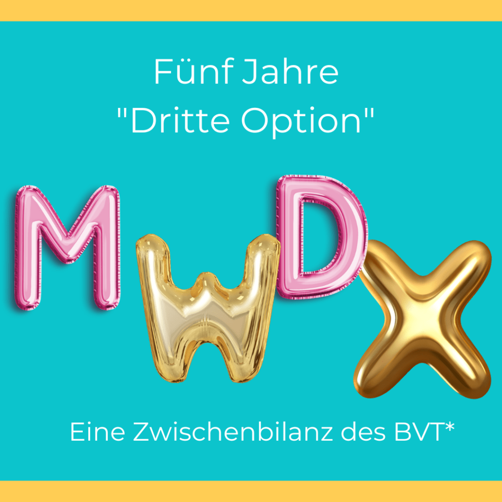 BVT Grafik. Der Hintergrund ist blau. Darauf steht in weißer Schrift: "Fünf Jahre "Dritte Option". Eine Zwischenbilanz des BVT*." In der Mitte groß, goldfarben und rosarot die Buchstaben m, w, d und x zu sehen. Sie stellen die vier in Deutschland möglichen Personenstände dar.