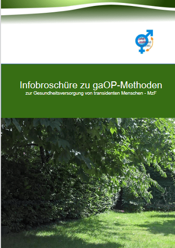 Titelblatt der Broschüre. In der Mitte steht in weißer Schrift auf grünem Hintergrund: „Infobroschüre zu gaOP-Methoden zur Gesundheitsversorgung von transidenten Menschen – MzF“. Oben rechts ist das Logo der SHG Bielefeld und OWL – Selbsthilfegruppe transidenter Menschen zu sehen.