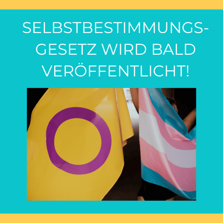 BVT Grafik. „Selbstbestimmungsgesetz wird bald veröffentlicht“ Weiße Schrift auf blauem Hintergrund. Darunter ist ein Foto zu sehen, auf dem eine Interflagge und eine Transflagge zu sehen sind.