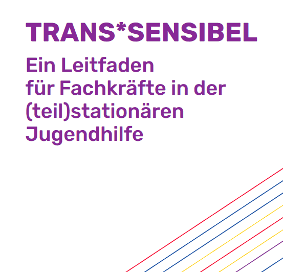 Titelblatt der Broschüre. In der Mitte steht „Trans*sensibel. Ein Leitfaden für Fachkräfte in der (teil)stationären Jugendhilfe“. Unten rechts in der Ecke sind bunte Streifen in verschiedenen Farben. Sie sollen die Regenbogenflagge andeuten.