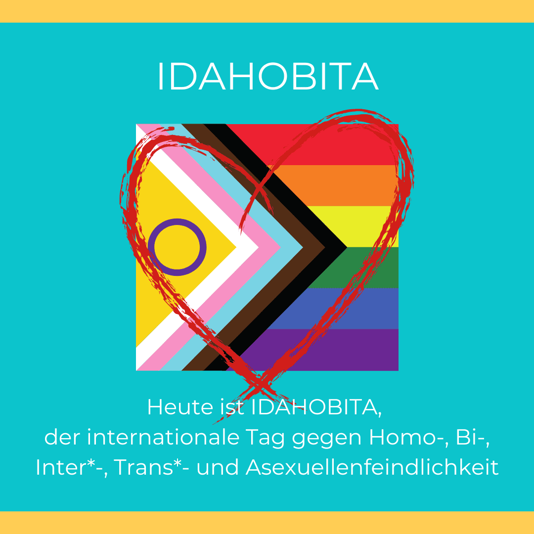 Kachel zum IDAHOBITA 2023 mit erweiterter Progress Flag und einem Herz darauf