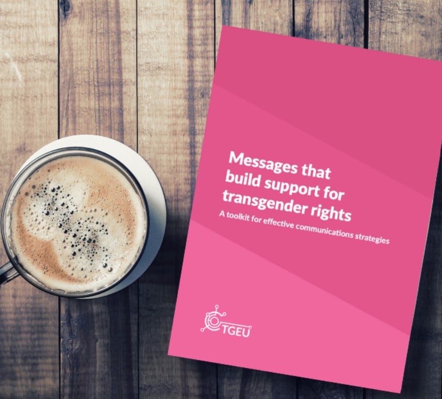 Titelblatt der Broschüre. Es ist pinker Hintergrund zu sehen. Darauf steht in weißer Schrift “Messages that build support for trans rights – A toolkit for effective communication strategies”. In der linken, unteren Ecke steht das TGEU-Logo.