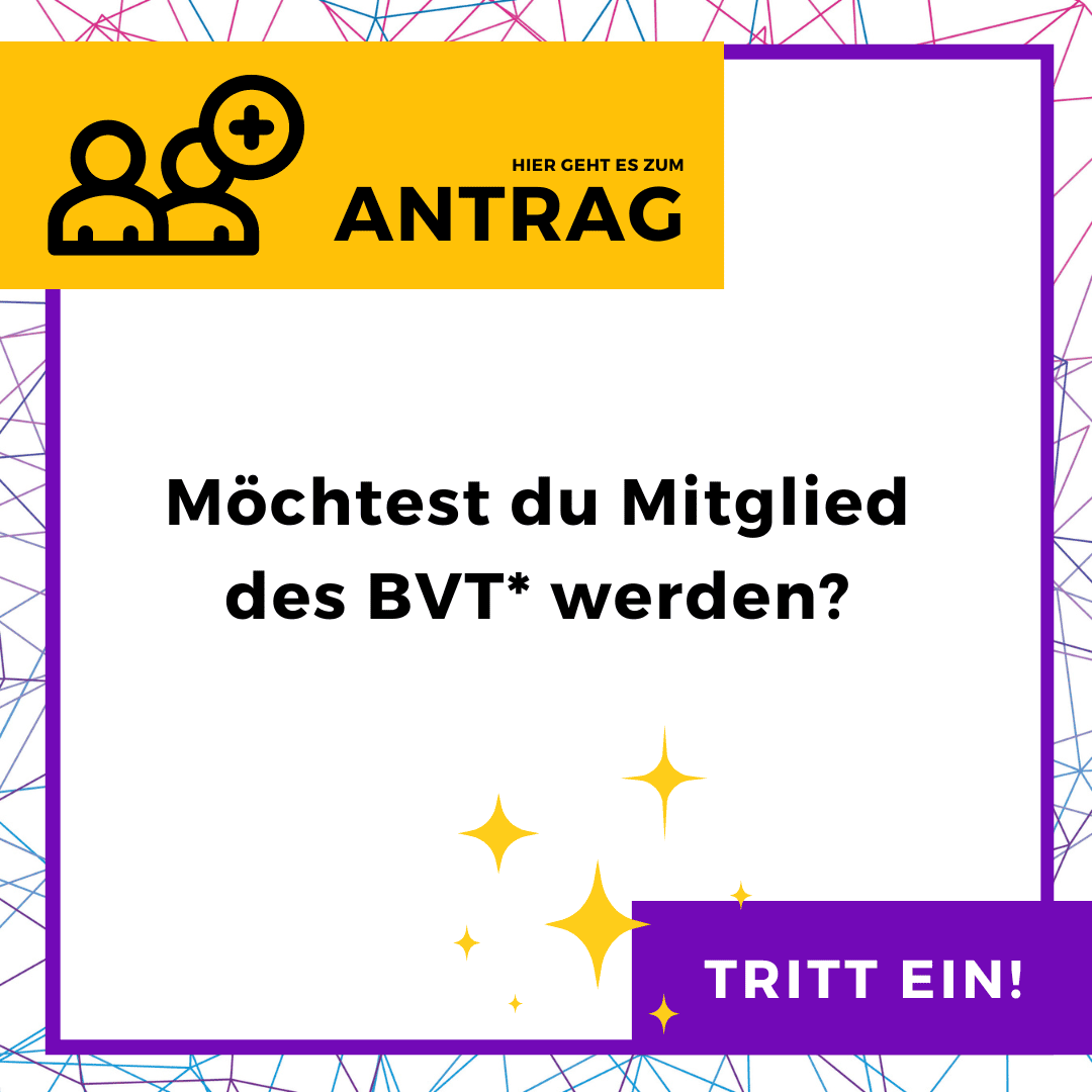 Die Kachel hat eine große Überschrift "Social Media ist dein 2. Zuhause?" und darunter die Information: Dann werde Teil unseres Teams! Teilzeitstelle (20h/Woche) für Öffentlichkeitsarbeit und Social Media. Darunter ist das BVT* Logo und daneben eine Person, die einen Lautsprecher in der Hand hält und die Faust hebt.