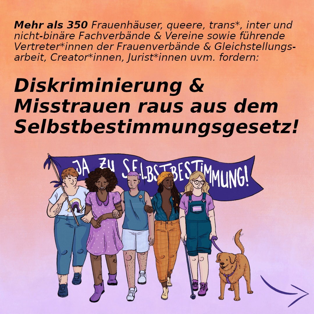 Auf dem Bild steht in schwarzer Schrift „332 Autor*innen, Creator*innen, Jurist*innen, sowie Vertreter*innen u.a. aus Frauen-verbänden, Frauenhäusern, der Frauen-, Mädchen- und Gleichstellungsarbeit fordern: Diskriminierung & Misstrauen raus aus dem Selbstbestimmungsgesetz!“. Darunter ist eine Illustration von fünf Personen, die alle an den Armen untergehakt miteinander laufen und eine große lilafarbene Flagge über sich tragen. Auf der Flagge steht in weißer Schrift „Ja Zu Selbstbestimmung!“ Die erste Person links ist weiß, hat kurze braune Haare und ein Shirt mit einem Regenbogen in den Farben für nicht-binäre Menschen (gelb, weiß, lila, schwarz). Die Person daneben ist Schwarz hat lange Haare, trägt ein lila Kleid und hat Tattoos an den Beinen. Die nächste Person ist of color, trägt kurze lilfarbene Haare, Shorts, ein türkisfarbenes Oberteil mit einem Anstecker mit dem Symbol für intergeschlechliche Menschen (gelb mit einem lilafarbenen Ring in der Mitte). Die nächste Person ist Schwarz, hat lange Dreadlocks und trägt einen gelben Headwrap. Sie trägt eine gelbe, karierte Hose, ein vorne offenes, dunkelgrünes Hemd und hat sichtbare Post-OP-Narben darunter. Die letzte Person ist weiß, hat blonde lange Haare und ist sehbehindert. Die Person trägt eine Brille und ist mit einem Assistenzhund und Langstock unterwegs. Der Hintergrund ist orange und wird dann im Farbverlauf lila.