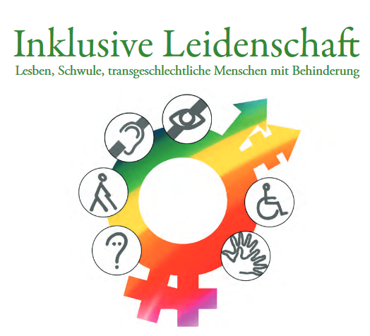 Grafik. In der Mitte sind Symbole zu sehen. Zwei Symbole, die weiblich meinen (einen Kreis mit einem Kreuz unten) liegen übereinander. Ebenso liegen zwei Symbole, die männlich meinen (ein Kreis mit einem Pfeil nach rechts oben) übereinander. Alle zusammen verdeutlichen sie homosexuelle Liebe und auch geschlechtliche Vielfalt. Die Symbole sind in Regenbogenfarben. Rechts und links sind grau Symbole für verschiedene Behinderungen zu sehen.