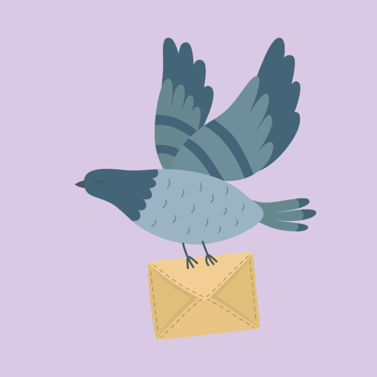 Eine graue Taube fliegt vor einem lila Hintergrund und hält einen Brief in den Krallen.