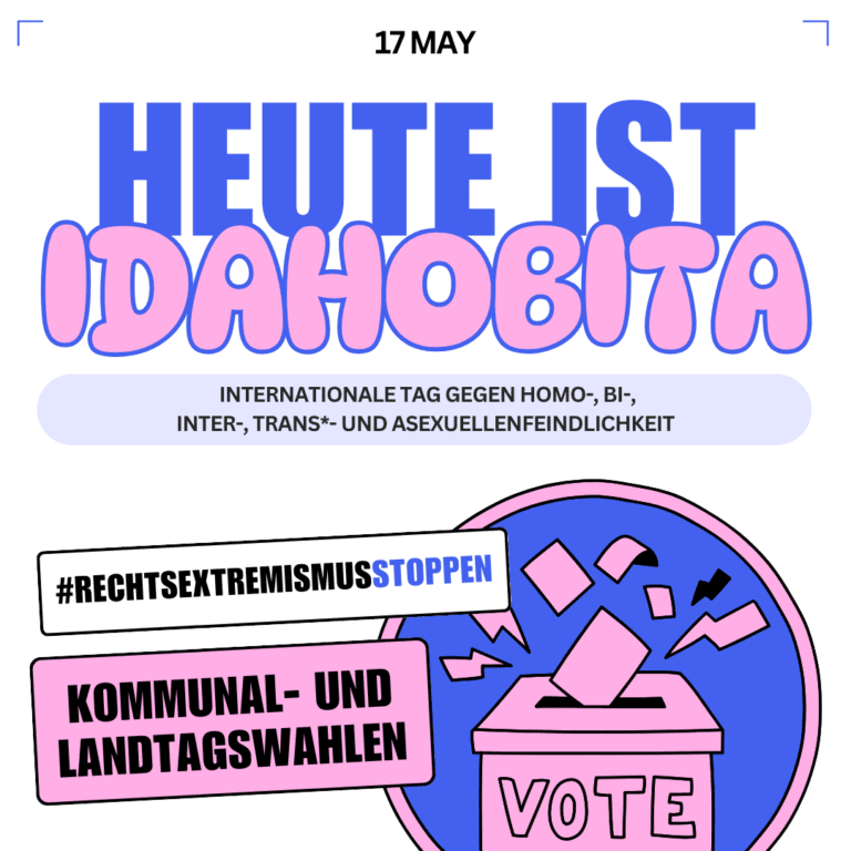 Grafik. Da steht: "Heute ist IDAHOBITA internationale Tag gegen Homo-, Bi-, Inter-, Trans*,- und asexuellenfeindlichkeit. Rechts extremismuss stoppen. Kommunal- und Landtagswahlen" Zeichnung einer Wahlurne. Das gesamte Bild hat die Farben Hellblau und Hellrosa.