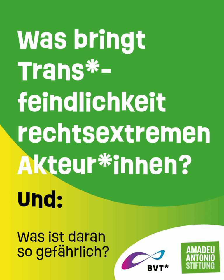Grafik. Da steht “Was bringt Transfeindlichkeit rechtsextremen Akteurinnen? Und: Was ist daran so gefährlich?” Der erste Satz ist in weißer Schrift auf grünem Hintergrund. Der zweite Satz in schwarzer Schrift auf gelbem Hintergrund. Der Hintergrund ist ein Farbverlauf von Grün zu Gelb. Unten rechts in der Ecke sind die Logos des BVT und der Amadeu Antonio Stiftung zu sehen. Das Logo ist weiß hinterlegt.