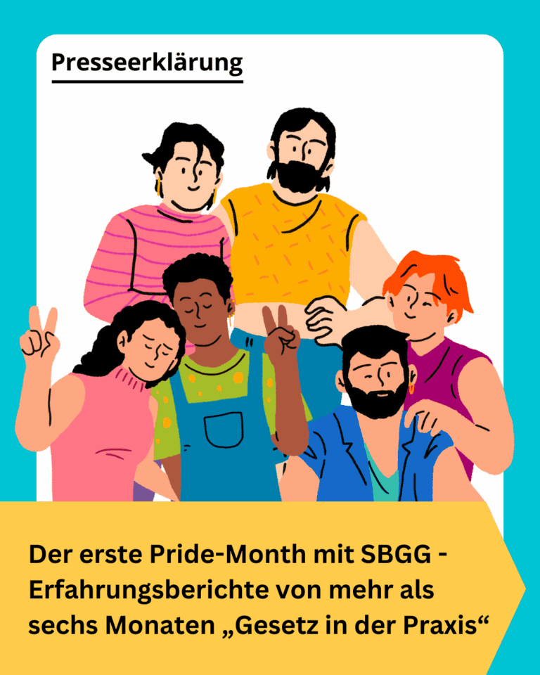 Grafik. Da steht: "Presseerklärung. Der erste Pride-Month mit Selbstbestimmungsgesetz. Erfahrungsberichte von mehr als sechs Monaten „Gesetz in der Praxis" Zeichnung von einer Gruppe glücklicher Menschen. Um das Bild herum ist ein türkisfarbener Rahmen.