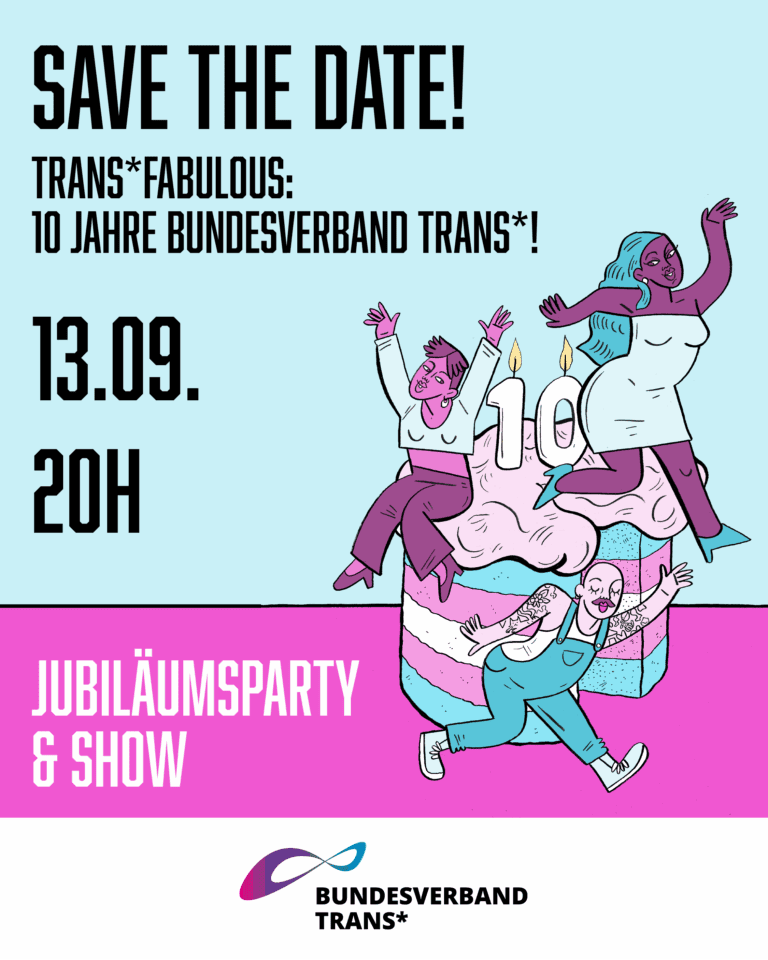 Feierliche Illustration zum 10-jährigen Jubiläum des Bundesverband Trans* mit buntem Linien-Design, drei diverse Menschen feiern mit Kerzen und einer Geburtstagstorte.