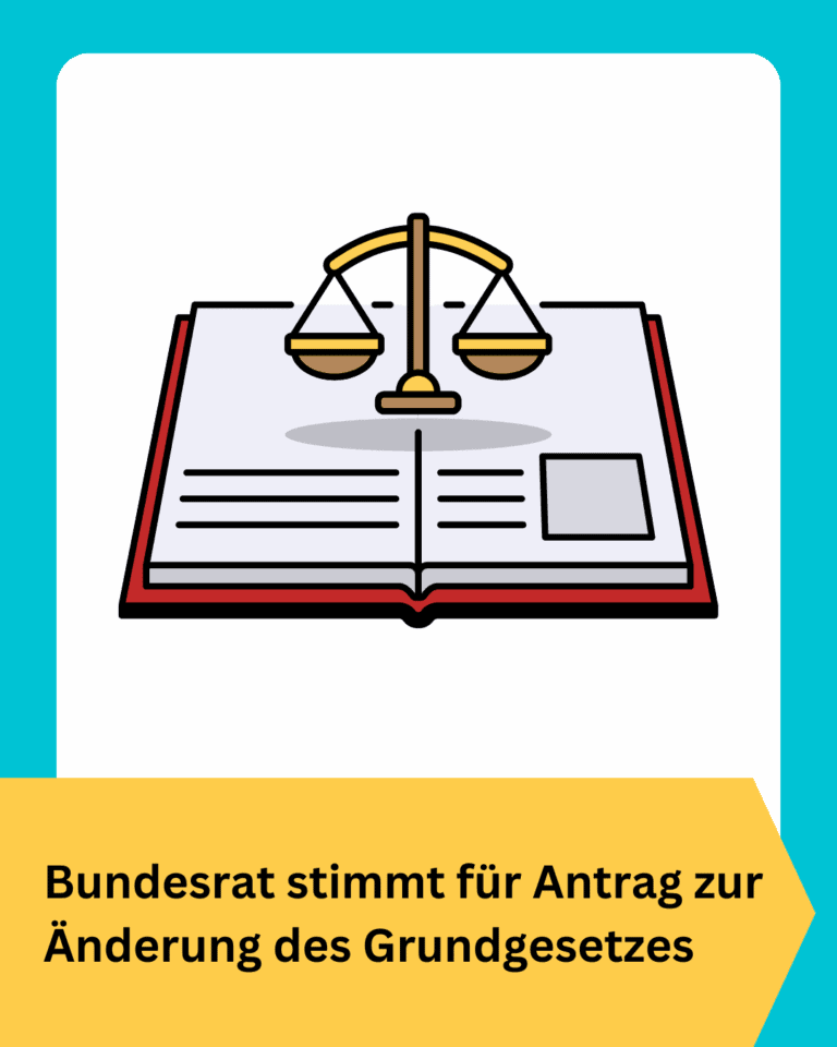 Grafik. Im unteren Drittel der Grafik steht "Bundesrat stimmt für Antrag zur Änderung des Grundgesetzes". Schwarze Schrift auf gelbem Hintergrund. Über der Schrift in der Mitte der Grafik ist eines aufgeschlagenen Gesetzbuches zu sehen. Über den Textseiten ist eine goldene Waage zu sehen. Das ist das Symbol für Gesetze. Die Grafik hat einen türkisfarbenen Rand.