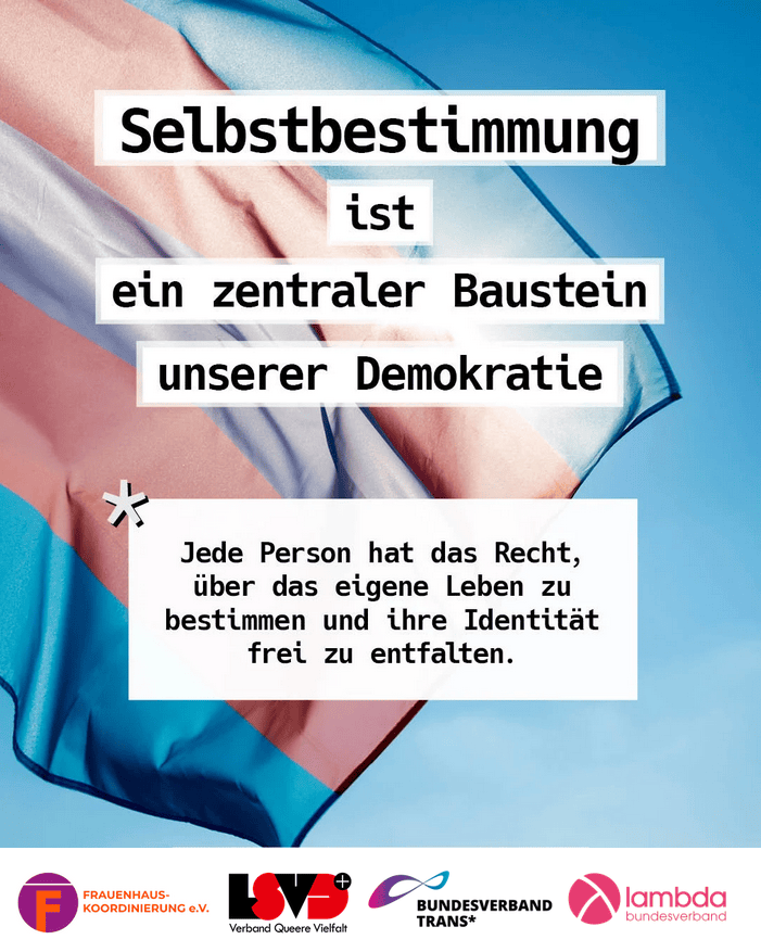 Grafik. Da steht: Selbstbestimmung ist ein zentraler Baustein unserer Demokratie. Jede Person hat das Recht, über das eigene Leben zu bestimmen und ihre Identität frei zu entfalten". Schwarzer Text auf weißem Hintergrund. Der Text steht in mehreren weißen Kästen. Hinter den Kästen ist ein Foto zu sehen, das fast die ganze Kachel einnimmt: Es ist eine Flagge in den typischen Trans-Farben: Blau, rosa und weiß. Am unteren Rand der Kachel ist ein weißer Balken. Auf dem sind die Logos von den vier Organisationen, die unter dem Titel "Selbstbestimmung ist ein zentraler Baustein unserer Demokratie" am 11.09.2025 eine gemeinsame Pressemitteilung veröffentlicht haben. Dort zu sehen sind die Logod der Frauenhauskoordinierung, dem LSVD, dem Bundesverband Trans und dem Lambda Bundesverband.