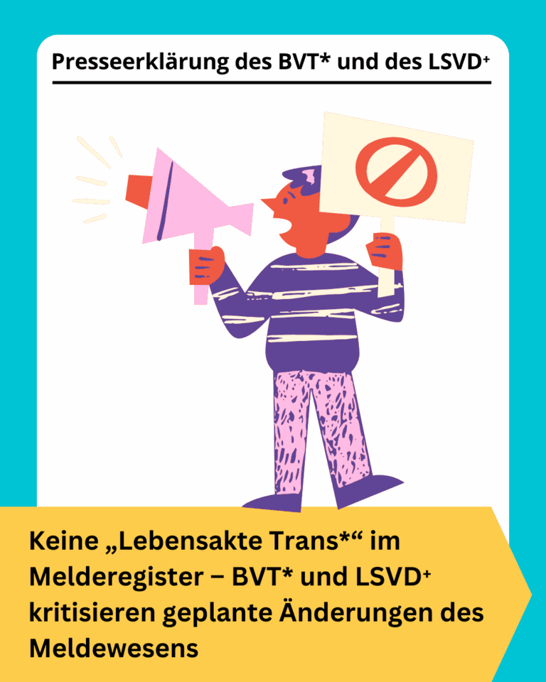 Grafik. Da steht: "Keine 'Lebensakte Trans' im Melderegister - BVT und LSVD kritisieren geplante Änderungen des Meldewesens". Schwarzer Text auf gelbem Hintergrund. Über dem gelben Textfeld ist eine Zeichnung zu sehen. Sie zeigt Eine Person mit einem Megafon und einem Schild mit dem Verbotssymbol. Am oberen Rand der Kachel steht "Presseerklärung des BVT und des LSVD". Schwarzer Text auf weißem Hintergrund. Die Kachel hat einen türkisfarbenen Rahmen.