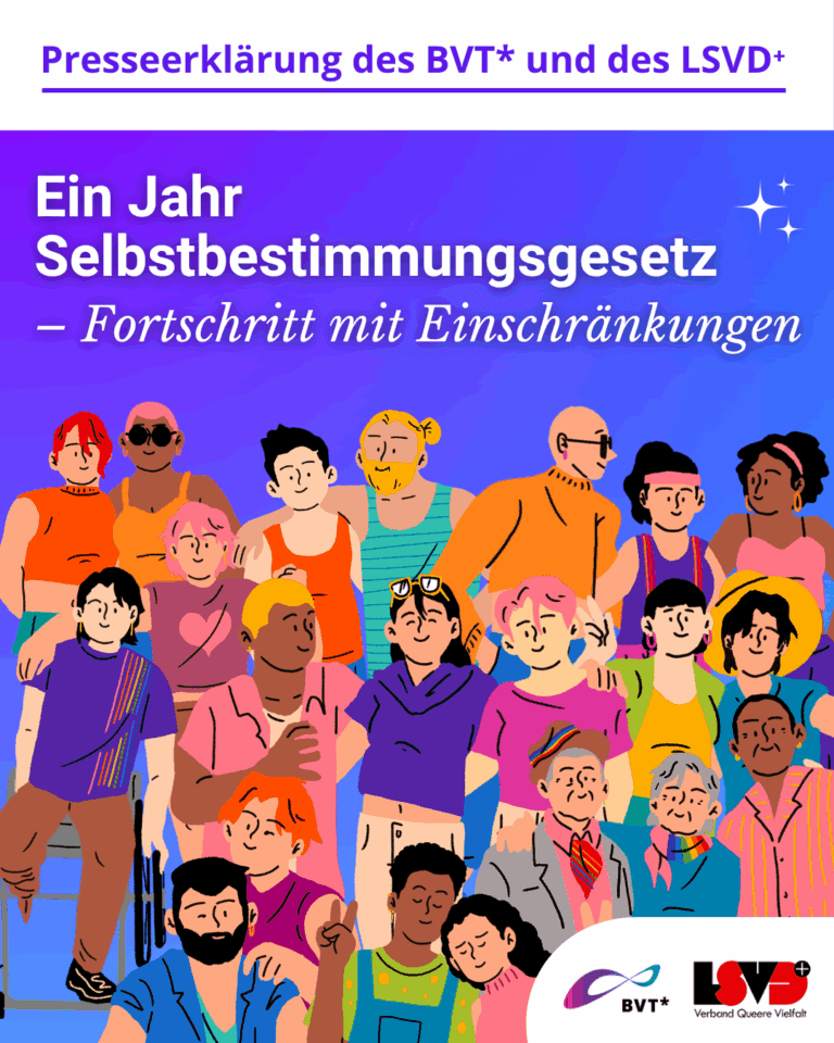 Grafik. Da steht: "Presseerklärung des BVT* und des LSVD+. Ein Jahr Selbstbestimmungsgesetz – Fortschritt mit Einschränkungen" Zeichnung von einer Gruppe glücklicher Menschen. In der unteren rechten Ecke befinden sich die Logos von BVT* und LSVD+.