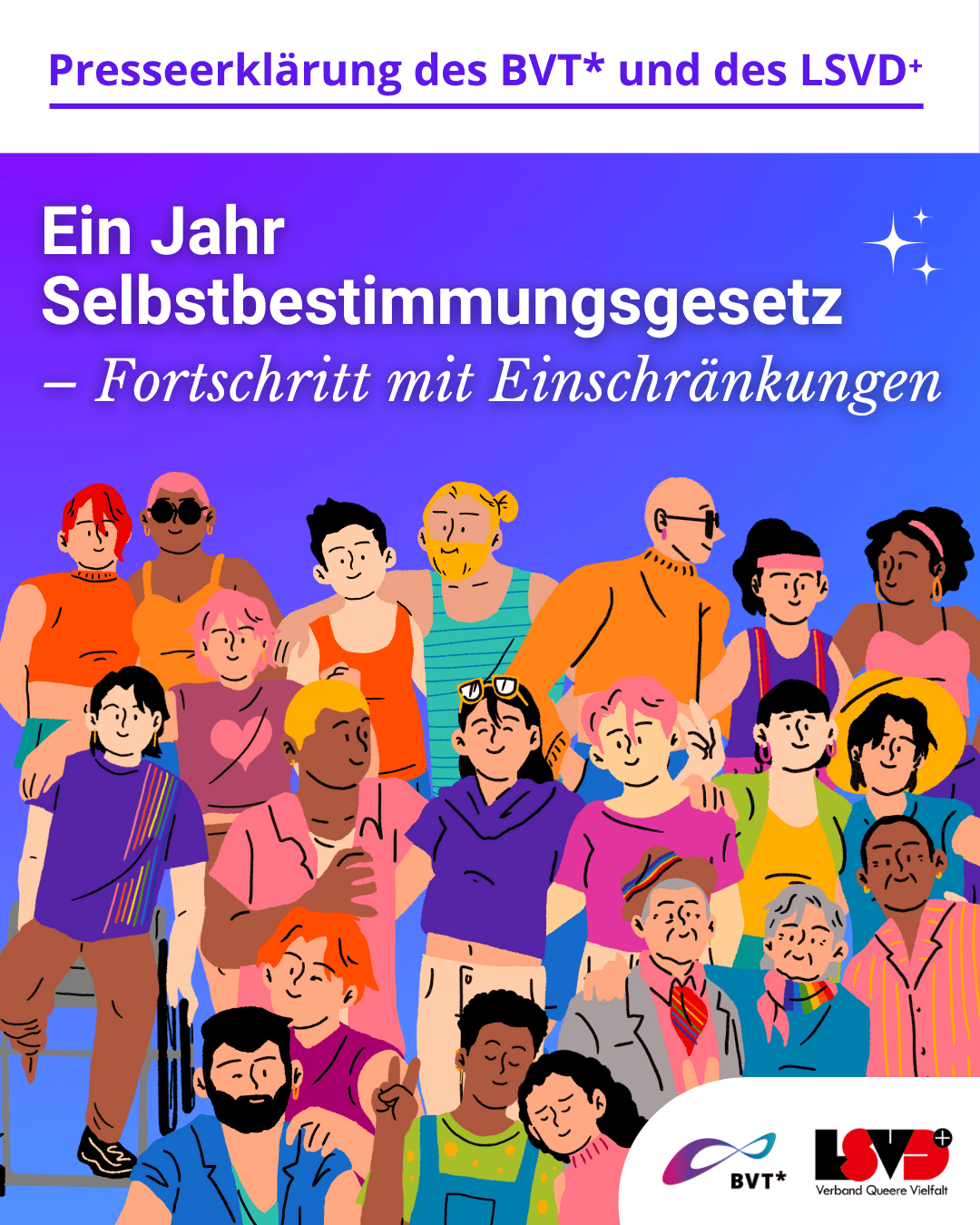 Grafik. Da steht: "Presseerklärung des BVT* und des LSVD+. Ein Jahr Selbstbestimmungsgesetz – Fortschritt mit Einschränkungen" Zeichnung von einer Gruppe glücklicher Menschen. In der unteren rechten Ecke befinden sich die Logos von BVT* und LSVD+.