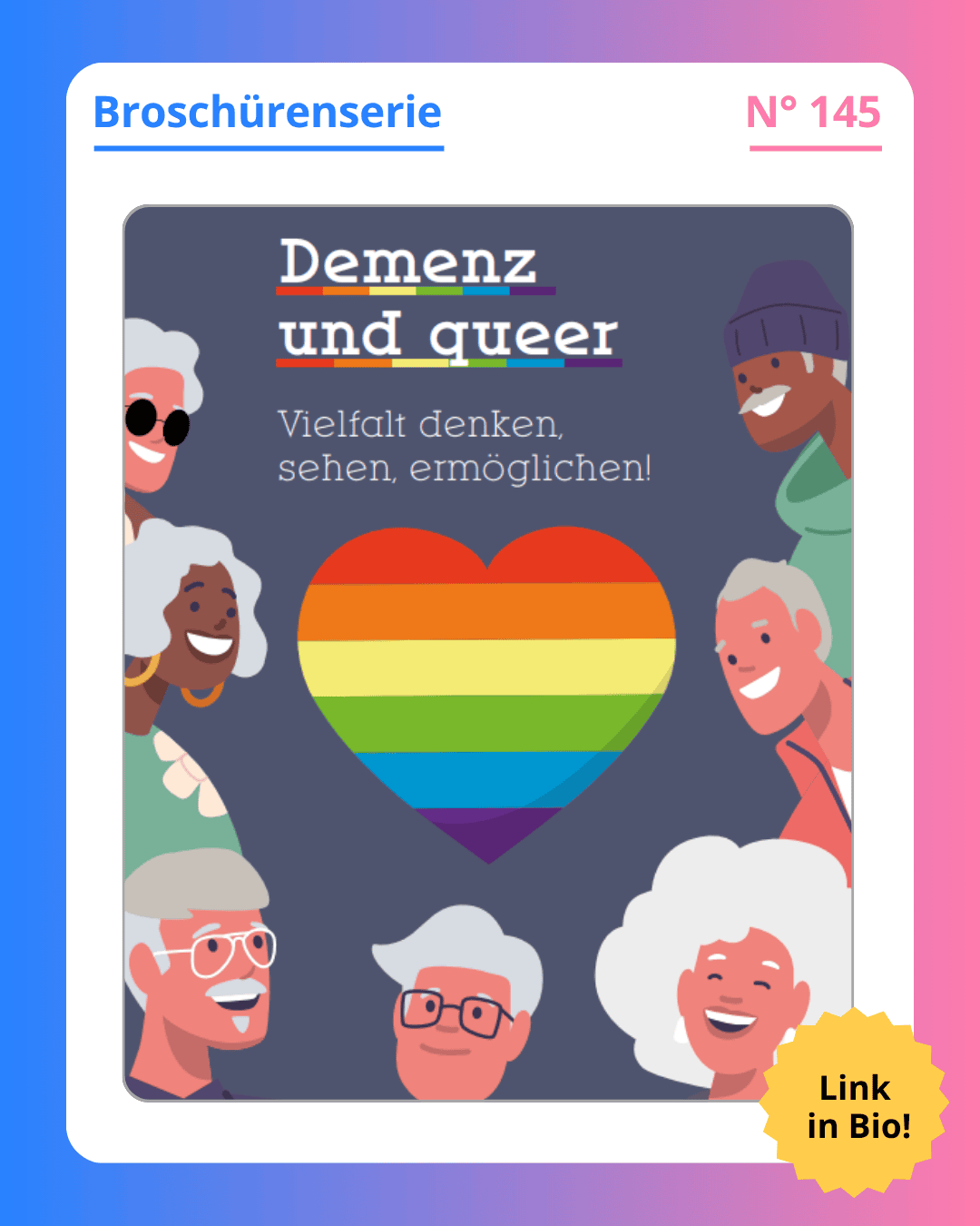 Grafik. In der Mitte der Grafik ist das Deckblatt der Broschüre zu sehen, die in diesem Social Media Beitrag vorgestellt wird. Auf dem Deckblatt der Broschüre steht groß geschrieben "Demenz und queer. Vielfalt denken, sehen, ermöglichen“. Weiße Schrift auf grauem Hintergrund. In der Mitte des Deckblatts ist ein großes Herz in Regenbogenfarben gezeichnet. Um das Herz herum sieht man gezeichnete Personen. Alle Personen sind fröhlich und lachen. Alle gezeichnete Personen haben graue Haare, um zu symbolisieren, dass es in dieser Broschüre um ältere Menschen geht. Die Personen drücken die Vielfalt von alten und älteren Menschen aus: Manche sind weiß, manche sind Schwarz oder sind Personen of Colour. Sie haben unterschiedliche Geschlechtsausdrücke und unterschiedliche Kleidungsstile. Um das Deckblatt herum ist ein weißer Rand und darum ein Rand in Blau-, Lila- und Rosatönen. Auf dem weißen Rand, der um das Deckblatt herum ist, steht: Broschürenserie Nummer 145.