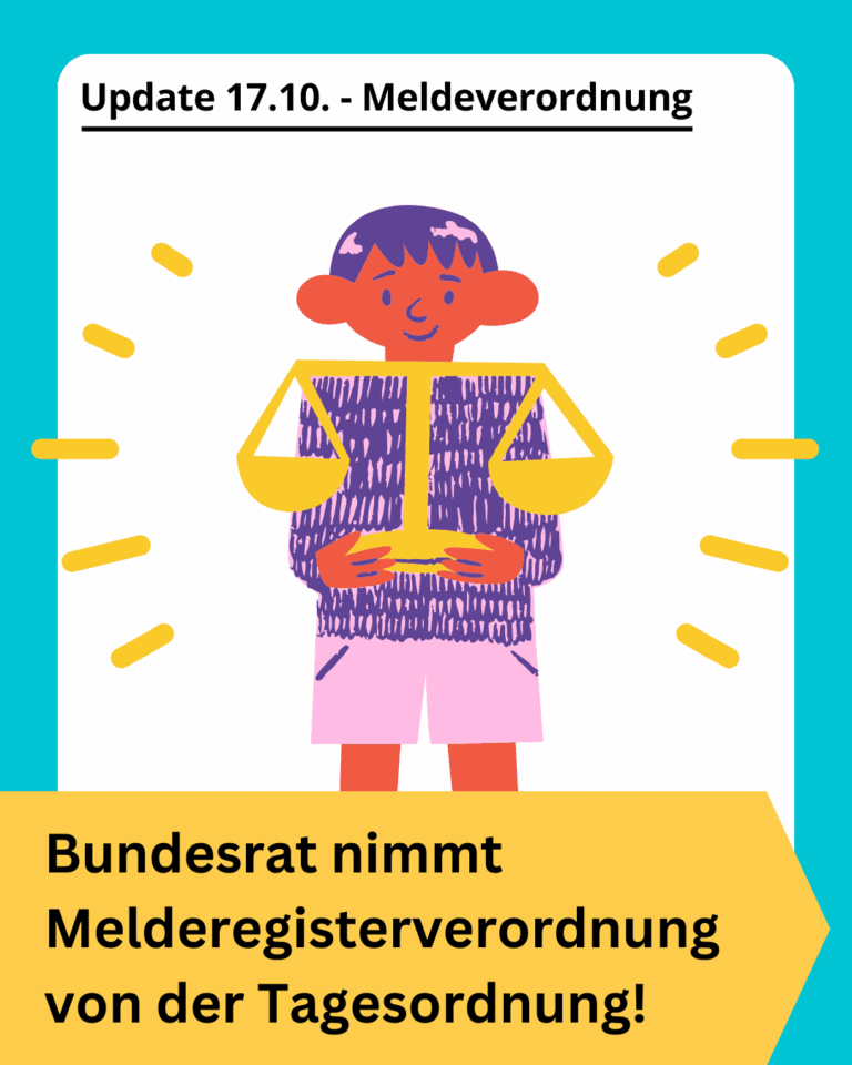 Grafik. Da steht: "Bundesrat nimmt Melderegisterverordnung von der Tagesordnung!". Schwarzer Text auf gelbem Hintergrund. Über dem gelben Textfeld ist eine Zeichnung zu sehen. Sie zeigt eine Person, die eine Waage als Symbol der Gerechtigkeit hält. Am oberen Rand der Kachel steht "Update 17.10. - Meldeverordnung". Schwarzer Text auf weißem Hintergrund. Die Kachel hat einen türkisfarbenen Rahmen.