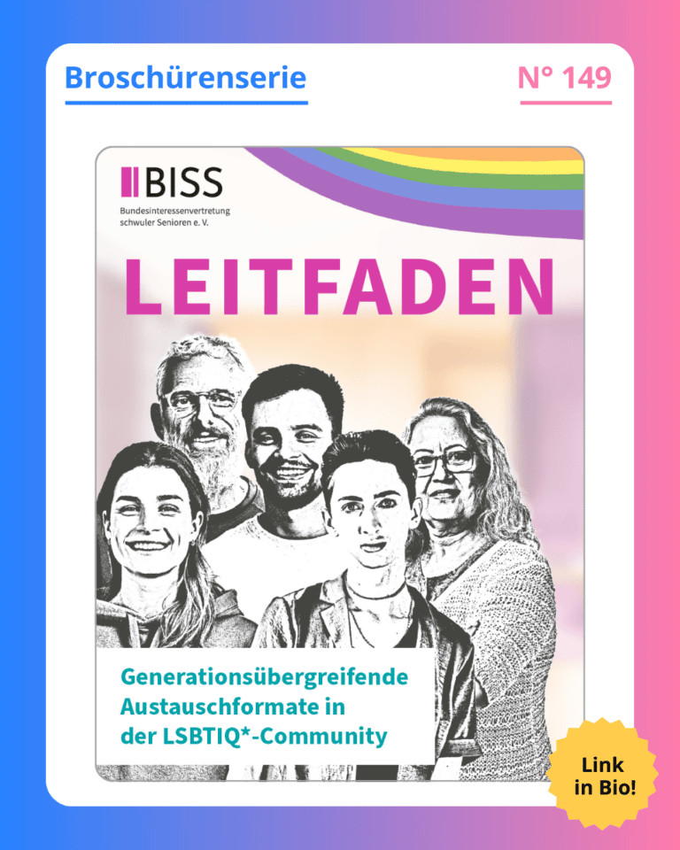 Grafik. In der Mitte der Grafik ist das Deckblatt der Broschüre zu sehen, die in diesem Social Media Beitrag vorgestellt wird. Auf dem Deckblatt der Broschüre steht groß geschrieben "Leifaden“, lila Schrift auf grauem Hintergrund. Im unteren viertel des Deckblatts steht „Generationsübergreifende Austauschformate in der LSBTIQ*-Community“, grüne Schrift auf grauem Hintergrund. Oben rechts auf dem Deckblatt ist ein Regenbogen zu sehen. In der Mitte des Deckblatts zwischen den beiden Textblöcken ist eine Grafik zu sehen. Zu sehen sind fünf gezeichnete Personen. Vorne im Bild sind zwei junge Menschen, hinten im Bild ein alter Mensch und dazwischen zwei Personen mittleren Alters. Sie lächeln und schauen die lesende Person direkt an. Die Zeichnung ist in schwarz und weiß. Auf der Social Media Kachel dieses Posts ist in der Mitte das eben beschriebene Deckblatt zu sehen. Um das Deckblatt herum ist ein weißer Rand und darum ein Rand in Blau-, Lila- und Rosatönen. Auf dem weißen Rand, der um das Deckblatt herum ist, steht: Broschürenserie Nummer 149.