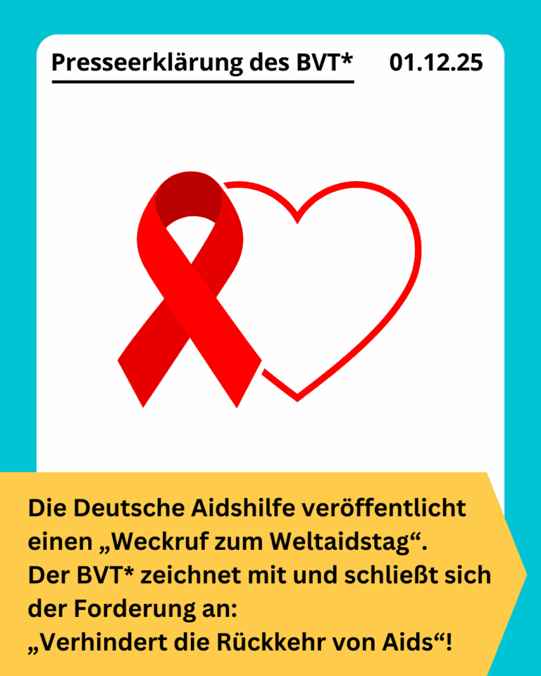 Grafik. Da steht: "Die Deutsche Aidshilfe veröffentlicht einen „Weckruf zum Weltaidstag“. Der BVT* zeichnet mit und schließt sich der Forderung an: „Verhindert die Rückkehr von Aids“!". Schwarzer Text auf gelbem Hintergrund. Über dem gelben Textfeld ist eine Zeichnung zu sehen. Es ist das Symbol für AIDS neben einem Herzen. Am oberen Rand der Kachel steht "Presseerklärung des BVT 1. Dezember 2025". Schwarzer Text auf weißem Hintergrund. Die Kachel hat einen türkisfarbenen Rahmen.