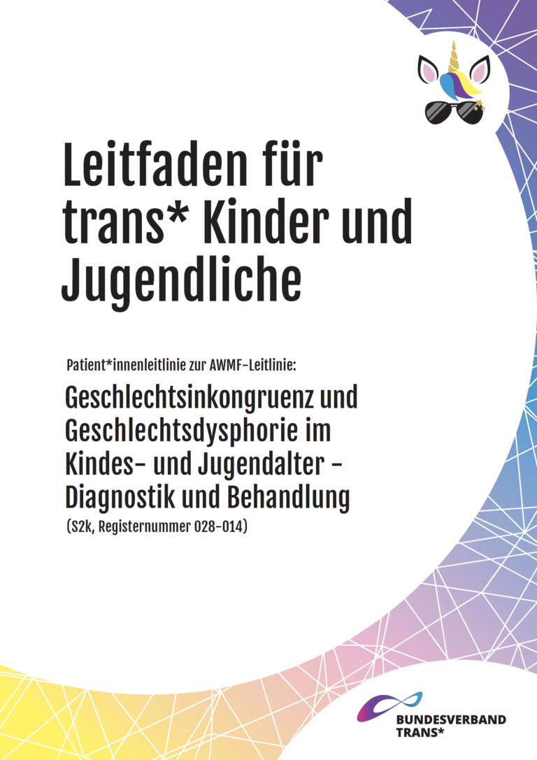 Grafik. Da steht: "Leitfaden für trans* Kinder und Jugendliche. Patient*innenleitlinie zur AWMF-Leitlinie: Geschlechtsinkongruenz und Geschlechtsdysphorie im Kindes- und Jugendalter – Diagnostik und Behandlung. (S2k, Registernummer 028-014)" Logo von Bundesverband Trans.