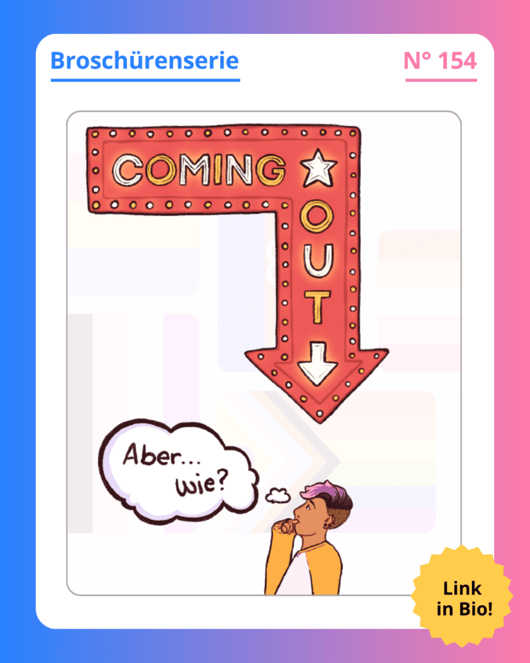Grafik. In der Mitte der Grafik ist ein Ausschnitt des Deckblatts der Broschüre zu sehen, die in diesem Social Media Beitrag vorgestellt wird. Zu sehen ist eine Zeichnung: Da steht eine Person, die nachdenklich nach oben sieht. Über der Person steht groß „Coming Out“, weiße und gelbe Buchstaben auf braunem Hintergrund. Die Person sieht nachdenklich in die Luft. Neben ihr ist eine Gedankenblase. In der steht „Aber wie?“. Die Person hält eine Flagge in der Hand, die lila, gelb und schwarz ist. Das sind die Farben, die für Nichtbinarität stehen. Um das Deckblatt der Broschüre herum ist ein weißer Rand und darum ein Rand in Blau-, Lila- und Rosatönen. Auf dem weißen Rand, der um das Deckblatt herum ist, steht: Broschürenserie Nummer 154.
