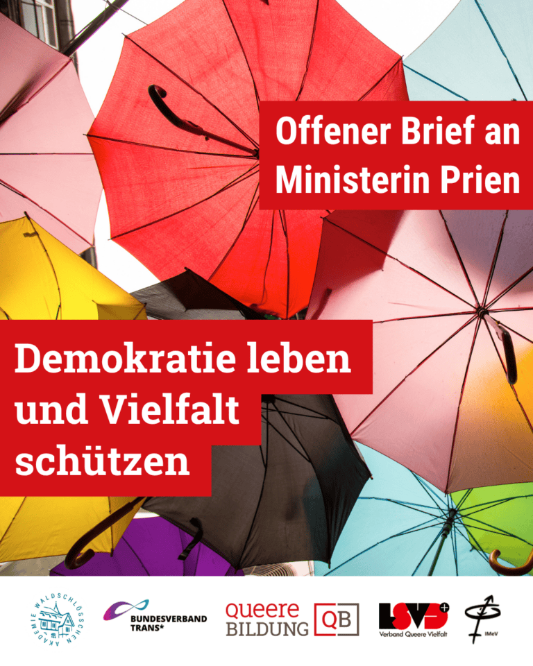 Grafik. Da steht: "Offener Brief an Ministerin Prien: Demokratie leben und Vielfalt schützen" Am unteren Bildrand befinden sich die Logos von: Akademie Waldschlösschen, Bundesverband Trans*, Queere Bildung und LSVD+ – Verband Queere Vielfalt und Intergeschlechtliche Menschen.