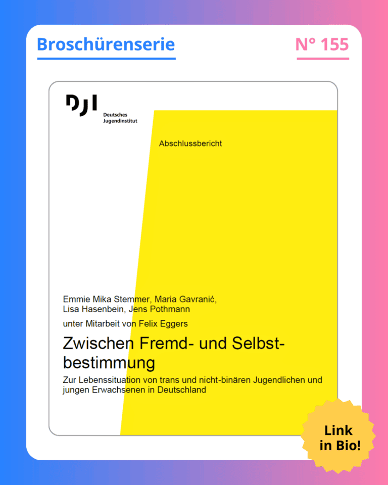 Grafik. In der Mitte der Grafik ist das Deckblatt der Broschüre zu sehen, die in diesem Social Media Beitrag vorgestellt wird. Auf dem Deckblatt der Broschüre steht in der im unteren Bereich groß geschrieben "Zwischen Fremd- und Selbstbestimmung“, darunter steht kleiner „Zur Lebenssituation von trans und nicht-binären Jugendlichen und jungen Erwachsenen in Deutschland“. Das ist der Titel des Berichts. Über dem Titel stehen die Namen der Autor*innen. Die Schrift ist auf weißem und gelbem Hintergrund. Oben rechts ist das Logo des Deutschen Jugendinstitut zu sehen. Oben rechts steht „Abschlussbericht“. Um das Deckblatt der Broschüre herum ist ein weißer Rand und darum ein Rand in Blau-, Lila- und Rosatönen. Auf dem weißen Rand, der um das Deckblatt herum ist, steht: Broschürenserie Nummer 155.