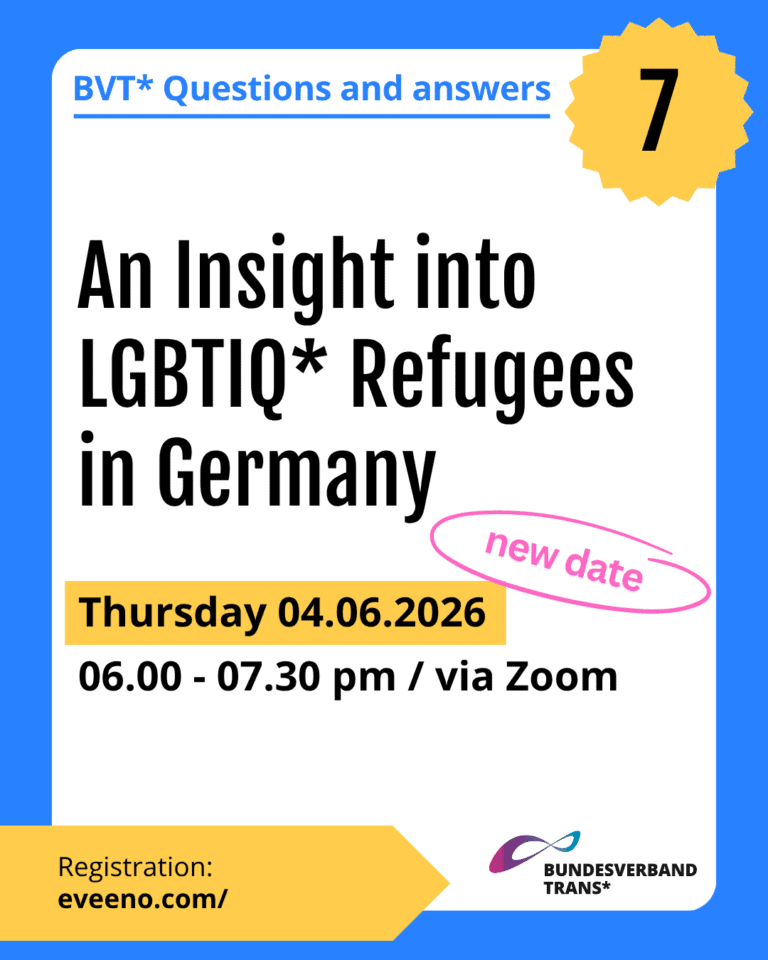 Grafik. Da steht: "BVT* Questions and answers – No. 7: An Insight into LGBTIQ* Refugees in Germany. Thursday, 4 June 2026, 6–7.30 p.m. via Zoom. Registration: https://eveeno.com/160095559" Logo von Bundesverband Trans. Um das Bild herum ist ein blauesfarbener Rahmen.