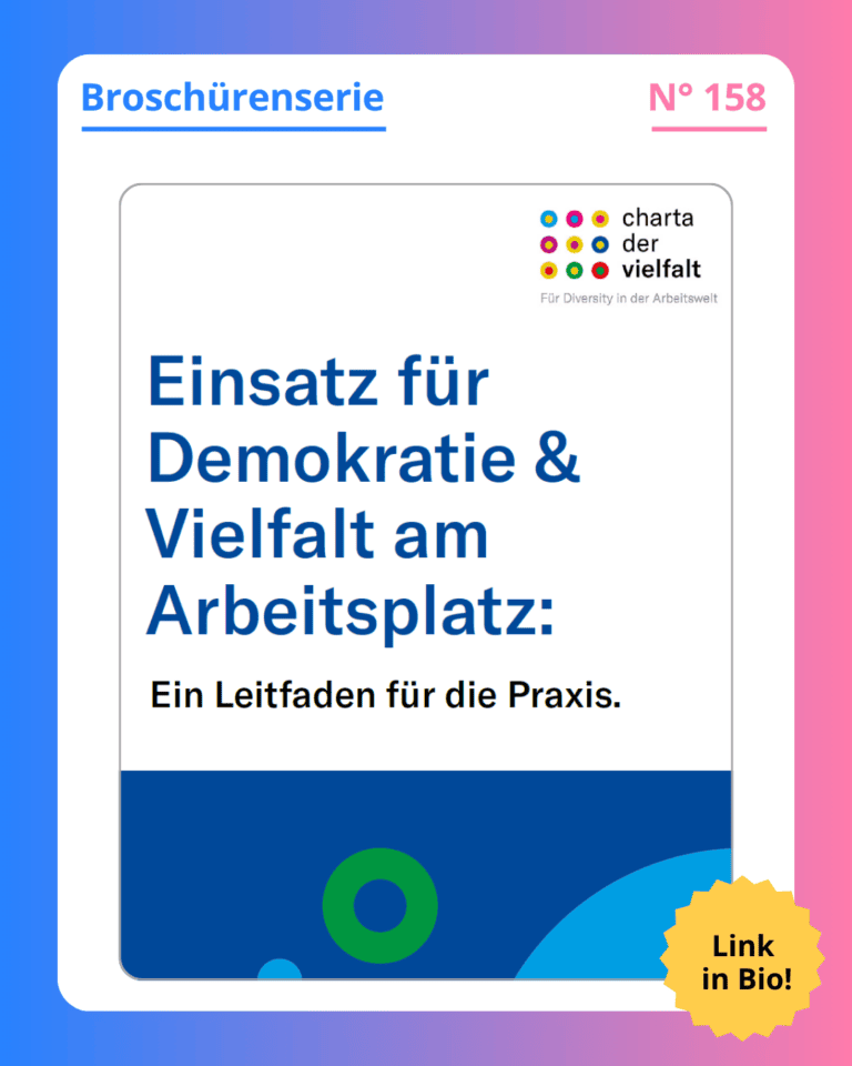 Grafik. In der Mitte der Grafik ist das Deckblatt der Broschüre zu sehen, die in diesem Social Media Beitrag vorgestellt wird. Auf dem Deckblatt der Broschüre steht oben groß geschrieben „Einsatz für Demokratie und Vielfalt am Arbeitsplatz“. Darunter steht kleiner: „Ein Leitfaden für die Praxis“. Blaue und schwarze Schrift auf weißem Hintergrund. Darunter ist die Grafik in blau und grün, die sehr ähnlich aussieht, wie das Logo der Charta der Vielfalt: Ein blauer Hintergrund mit hellblauen und grünen Kreisen. Das komplette Logo der Charta der Vielfalt ist oben rechts in der Ecke der Broschüre zu sehen. Es sind neun Kreise in neun verschiedenen Farben. In jedem Kreis ist ein kleinerer, anders farbiger Kreis. Daneben steht „Charta der Vielfalt“. Um das Deckblatt der Broschüre herum ist ein weißer Rand und darum ein Rand in Blau-, Lila- und Rosatönen. Auf dem weißen Rand, der um das Deckblatt herum ist, steht: Broschürenserie Nummer 158.