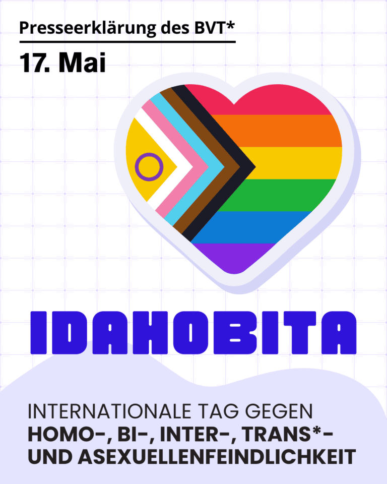 Grafik. Da steht: "Presseerklärung des BVT* 17. Mai. IDAHOBITA. Internationale Tag gegen Homo-, Bi-, Inter-, Trans*- und Asexuellenfeindlichkeit" Zeichnung der Regenbogenflagge in Herzform.