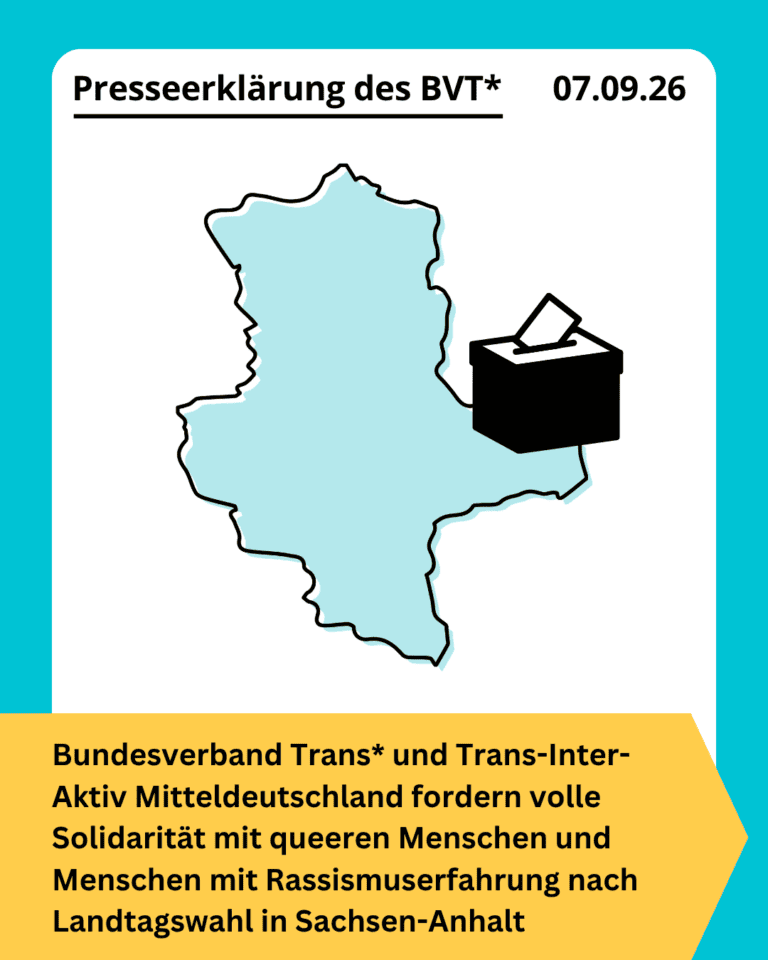 Grafik. Da steht: "Presseerklärung des BVT - 7. September 2026. Bundesverband Trans* und Trans-Inter-Aktiv Mitteldeutschland fordern volle Solidarität mit queeren Menschen und Menschen mit Rassismuserfahrung nach Landtagswahl in Sachsen-Anhalt." Karte von Sachsen-Anhalt. Die Kachel hat einen türkisfarbenen Rahmen.