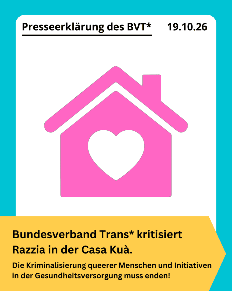 Grafik. Da steht: "Presseerklärung des BVT - 19. Oktober 2026. Bundesverband Trans* kritisiert Razzia in der Casa Kuà / Die Kriminalisierung queerer Menschen und Initiativen in der Gesundheitsversorgung muss enden!" Zeichnung eines Hauses mit einem Herz in der Mitte. Die Kachel hat einen türkisfarbenen Rahmen.